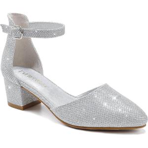imageLittle Girls Sandals Closed Toe High Heels Formal Dress Shoes Ankle Strap Pointed Toe Heeled for Little Big Kids in Wedding Party Block Chunky Pump ShoesClassic Glitter Silver