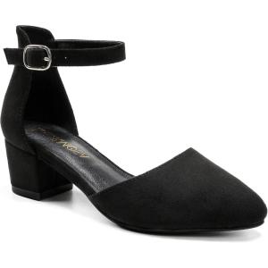 imageLittle Girls Sandals Closed Toe High Heels Formal Dress Shoes Ankle Strap Pointed Toe Heeled for Little Big Kids in Wedding Party Block Chunky Pump ShoesClassic Suede Black