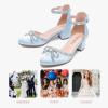 imageGirls Sandals Closed Toe High Heels Pointed Toe Ankle Strap Pumps Flower Girl Dressy Shoes in Wedding Party Cute Bowknot Chunky Block Heeled for Little Big KidsRhinestone Satin Blue