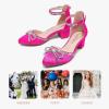 imageGirls Sandals Closed Toe High Heels Pointed Toe Ankle Strap Pumps Flower Girl Dressy Shoes in Wedding Party Cute Bowknot Chunky Block Heeled for Little Big KidsRhinestone Satin Fuchsia