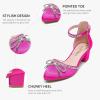 imageGirls Sandals Closed Toe High Heels Pointed Toe Ankle Strap Pumps Flower Girl Dressy Shoes in Wedding Party Cute Bowknot Chunky Block Heeled for Little Big KidsRhinestone Satin Fuchsia