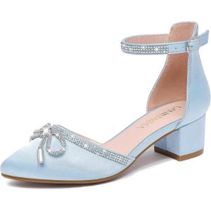 imageGirls Sandals Closed Toe High Heels Pointed Toe Ankle Strap Pumps Flower Girl Dressy Shoes in Wedding Party Cute Bowknot Chunky Block Heeled for Little Big KidsRhinestone Satin Blue