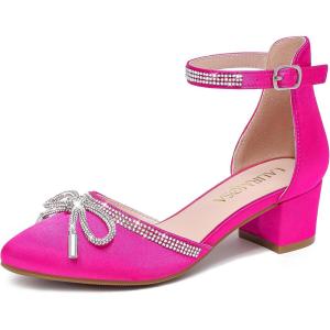 imageGirls Sandals Closed Toe High Heels Pointed Toe Ankle Strap Pumps Flower Girl Dressy Shoes in Wedding Party Cute Bowknot Chunky Block Heeled for Little Big KidsRhinestone Satin Fuchsia