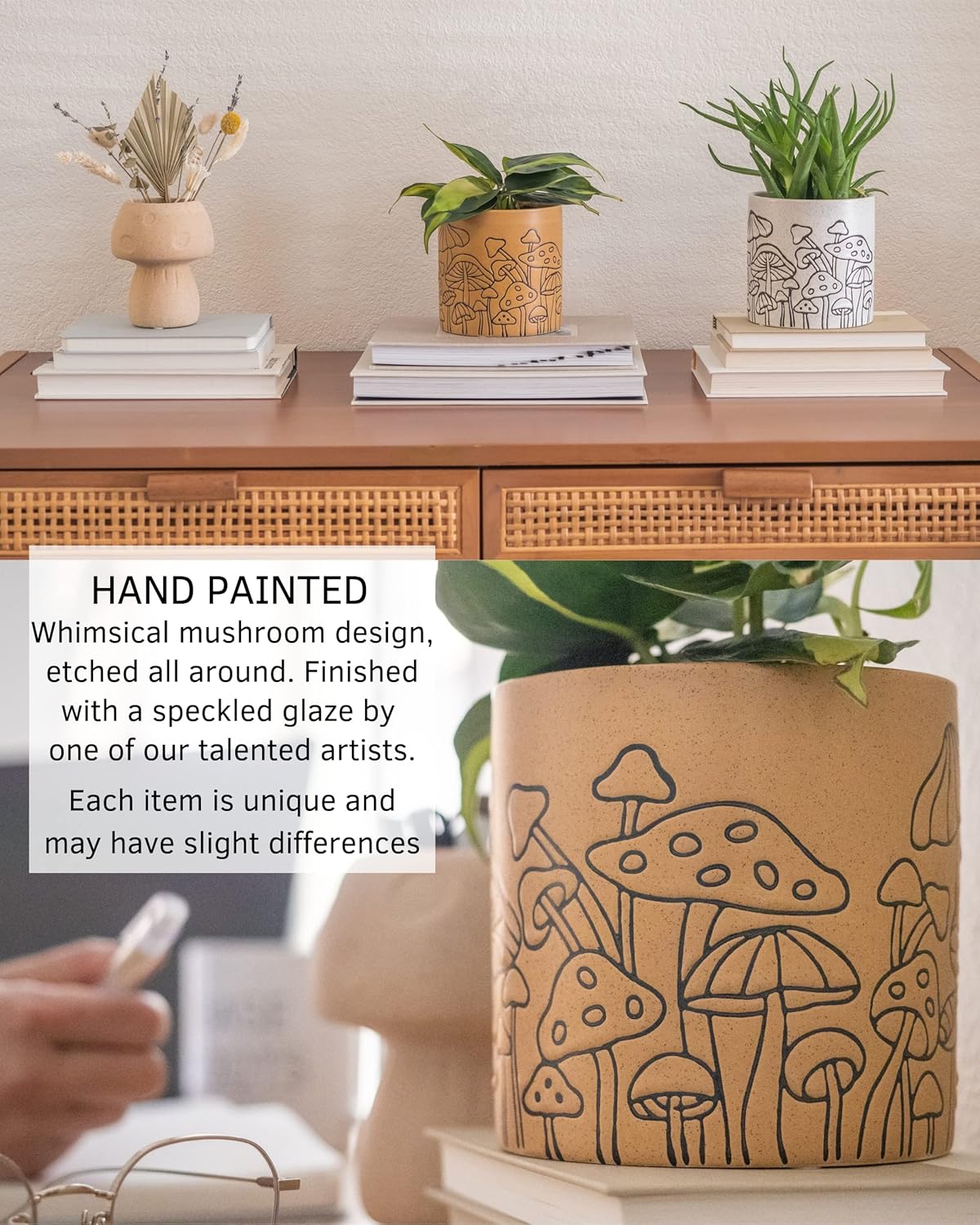 Mushroom Decor Planter Handmade Design Speckled White and Tan Ceramic Indoor Plant Pot for Succulents Vase Modern Boho Cottagecore Room Decor Trendy Ornament Cute Vintage Aesthetic Home Decor Gift