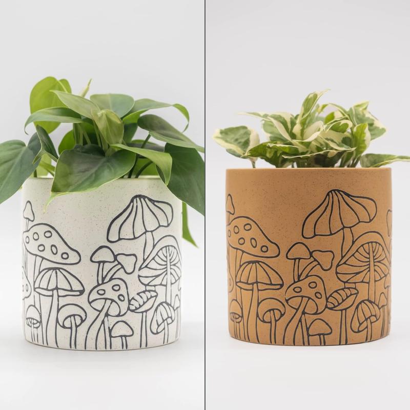 Mushroom Decor Planter Handmade Design Speckled White and Tan Ceramic Indoor Plant Pot for Succulents Vase Modern Boho Cottagecore Room Decor Trendy Ornament Cute Vintage Aesthetic Home Decor Gift