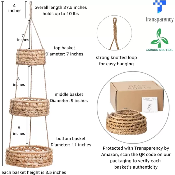 Hanging Fruit Basket 3 Tier for Kitchen Handmade Natural Rattan Handwoven Wicker Seagrass Woven Wall Baskets Vegetable Organizer Produce Fruit Holder Counter Space Saver Storage Boho Hanging Planter
