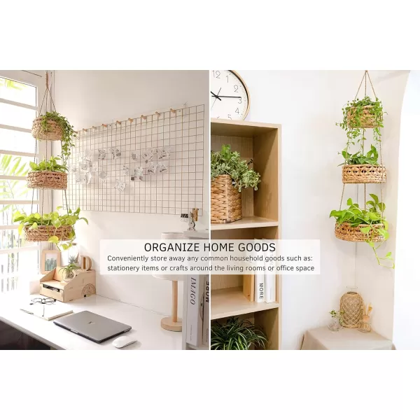 Hanging Fruit Basket 3 Tier for Kitchen Handmade Natural Rattan Handwoven Wicker Seagrass Woven Wall Baskets Vegetable Organizer Produce Fruit Holder Counter Space Saver Storage Boho Hanging Planter