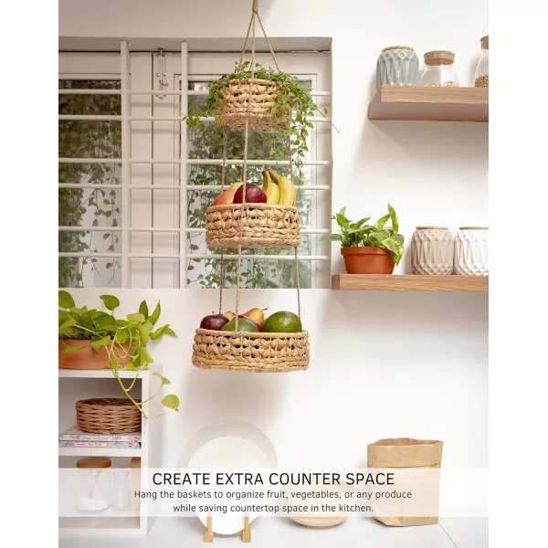 Hanging Fruit Basket 3 Tier for Kitchen Handmade Natural Rattan Handwoven Wicker Seagrass Woven Wall Baskets Vegetable Organizer Produce Fruit Holder Counter Space Saver Storage Boho Hanging Planter