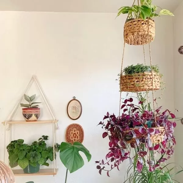 Hanging Shelves for Wall Set of 2 w Hooks Wooden Shelf Hanging Fruit Basket Woven 3 Tier for Kitchen Counter Space Saver Decorative Storage Boho Home Decor Planter Bathroom Living Room Bedroom
