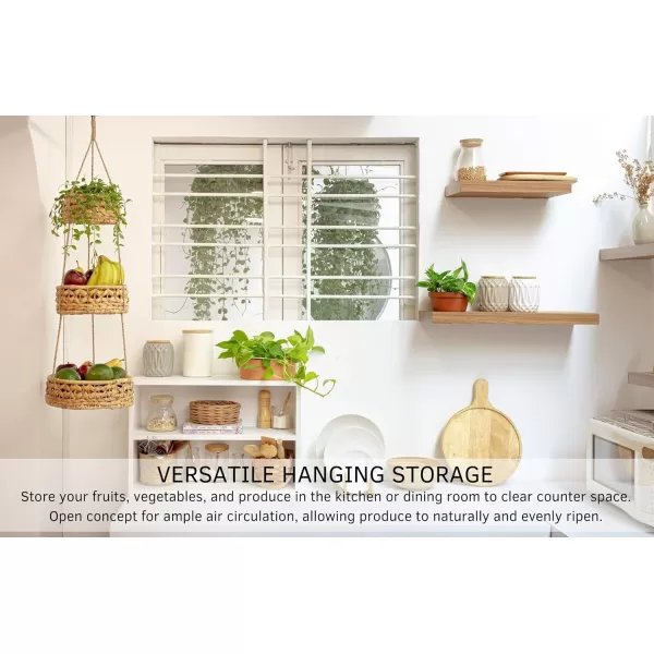 Hanging Shelves for Wall Set of 2 w Hooks Wooden Shelf Hanging Fruit Basket Woven 3 Tier for Kitchen Counter Space Saver Decorative Storage Boho Home Decor Planter Bathroom Living Room Bedroom