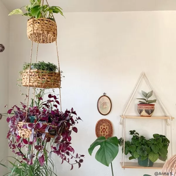Hanging Shelves for Wall Set of 2 w Hooks Wooden Shelf Hanging Fruit Basket Woven 3 Tier for Kitchen Counter Space Saver Decorative Storage Boho Home Decor Planter Bathroom Living Room Bedroom