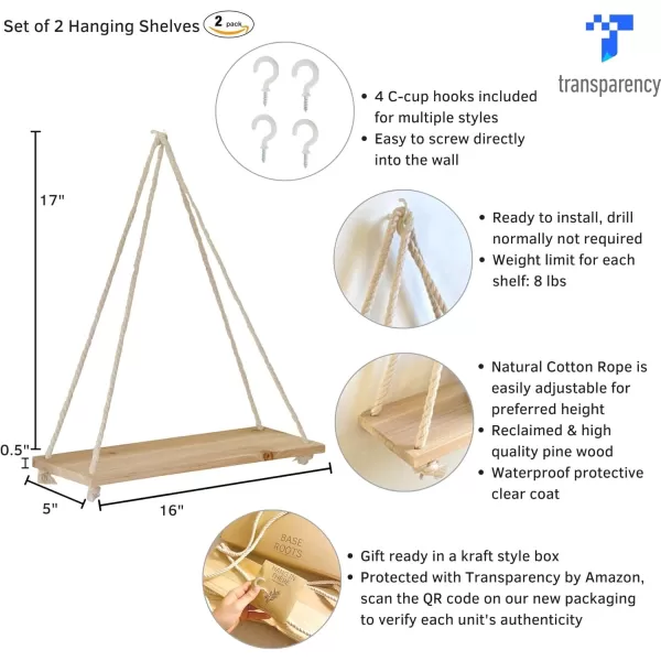 Hanging Shelves for Wall Set of 2 w Hooks Wooden Shelf Hanging Fruit Basket Woven 3 Tier for Kitchen Counter Space Saver Decorative Storage Boho Home Decor Planter Bathroom Living Room Bedroom