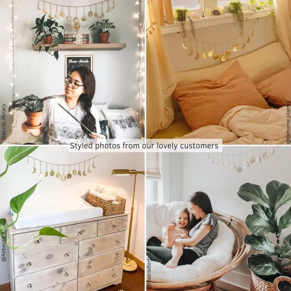 Moon Phase Wall Hanging Handmade Hammered Gold Metal 13 Moons 36quot Garland Phases of the Moon Mushroom Decor Planter Handmade Design Speckled White Ceramic Unique Retro Plant Pot Indoor Plants