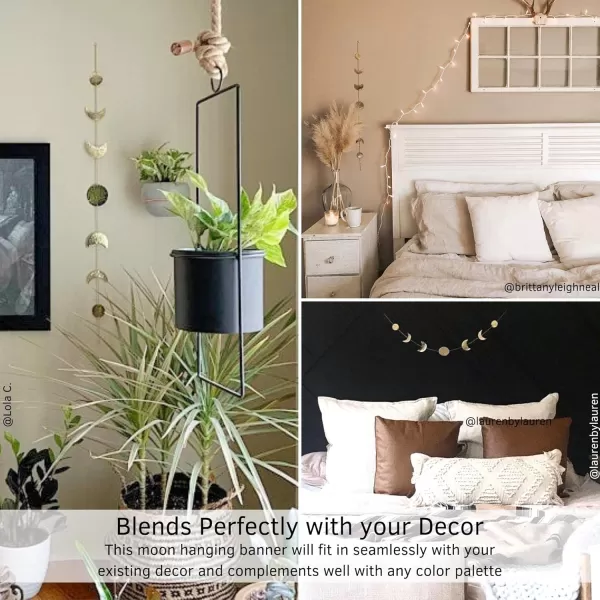 Moon Phase Wall Hanging Handmade Hammered Gold Metal 7 Moons 34quot Banner Phases of the Moon Mushroom Decor Vase Textured Sand Handmade Design Ceramic Plant Pot Indoor Plants Modern Boho Cottagecore