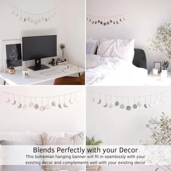 Moon Phase Wall Hanging Handmade Hammered Silver Metal Moons Garland Boho Decor Phases of the Moon Celestial Lunar Art Bohemian Aesthetic Home Decorations for Bedroom Headboard Living Room