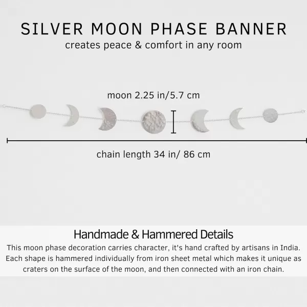 Moon Phase Wall Hanging Handmade Hammered Silver Metal Moons Garland Boho Decor Phases of the Moon Celestial Lunar Art Bohemian Aesthetic Home Decorations for Bedroom Headboard Living Room