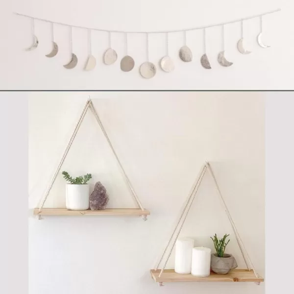 BASE ROOTS Hanging Shelves for Wall Set of 2 wHooks Wooden Shelf Macrame Rope Natural Light Reclaimed Wood Moon Phase Wall Hanging Handmade Hammered Silver Metal 13 Moons 36quot Garland Boho Decor