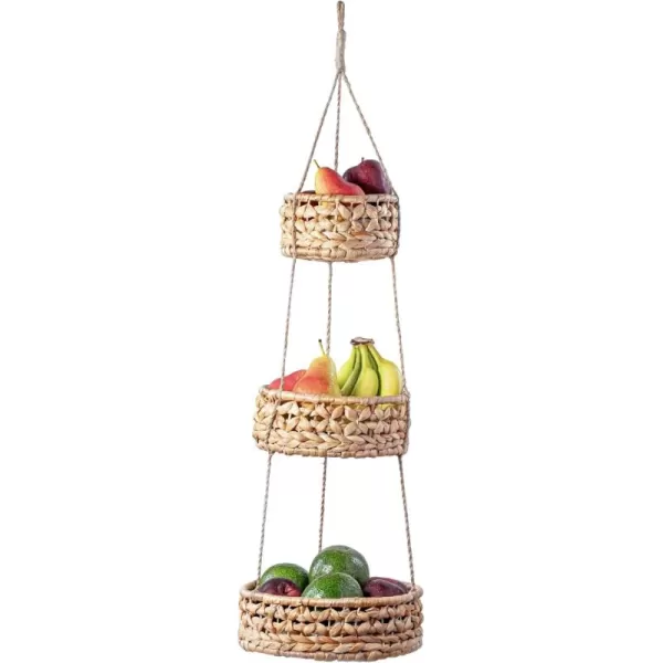 Hanging Fruit Basket 3 Tier for Kitchen Handmade Natural Rattan Handwoven Wicker Seagrass Woven Wall Baskets Vegetable Organizer Produce Fruit Holder Counter Space Saver Storage Boho Hanging Planter