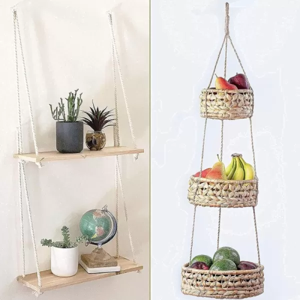 Hanging Shelves for Wall Set of 2 w Hooks Wooden Shelf Hanging Fruit Basket Woven 3 Tier for Kitchen Counter Space Saver Decorative Storage Boho Home Decor Planter Bathroom Living Room Bedroom