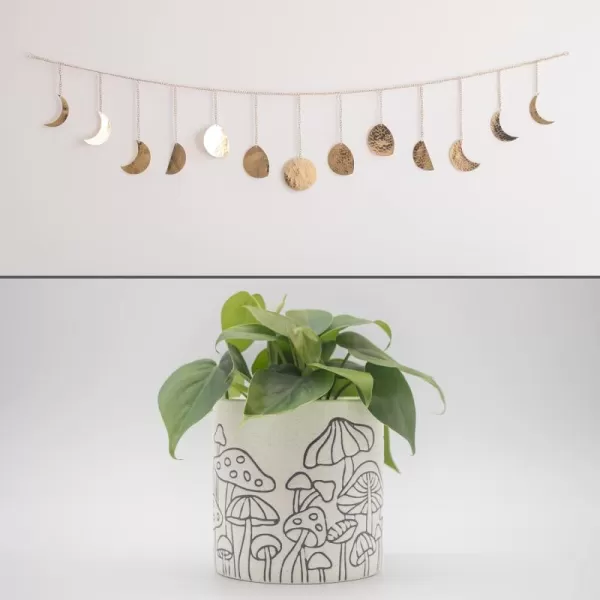 Moon Phase Wall Hanging Handmade Hammered Gold Metal 13 Moons 36quot Garland Phases of the Moon Mushroom Decor Planter Handmade Design Speckled White Ceramic Unique Retro Plant Pot Indoor Plants