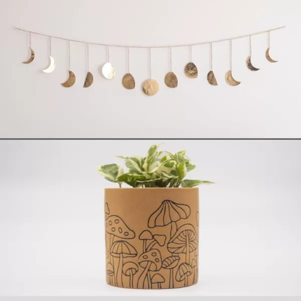Moon Phase Wall Hanging Handmade Hammered Gold Metal 13 Moons 36quot Garland Phases of the Moon Mushroom Decor Planter Handmade Design Terracotta Ceramic Unique Retro Plant Pot Indoor Plants