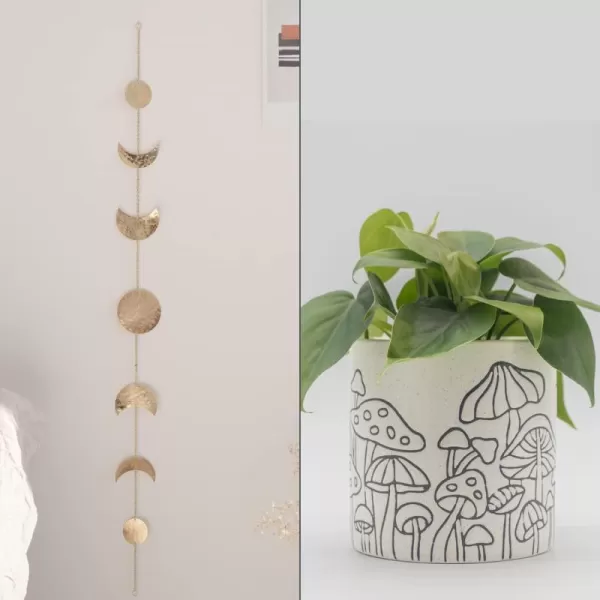 Moon Phase Wall Hanging Handmade Hammered Gold Metal 7 Moons 34quot Banner Phases of the Moon Mushroom Decor Planter Handmade Design Speckled White Ceramic Unique Retro Plant Pot Indoor Plants