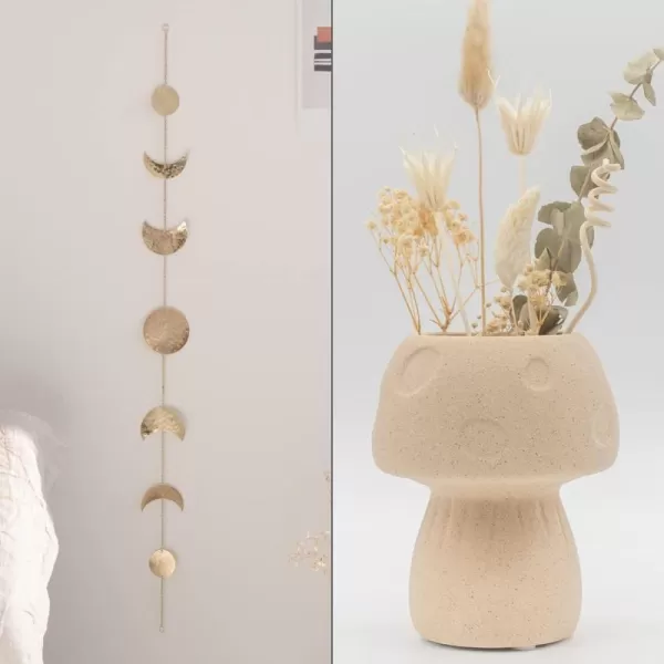 Moon Phase Wall Hanging Handmade Hammered Gold Metal 7 Moons 34quot Banner Phases of the Moon Mushroom Decor Vase Textured Sand Handmade Design Ceramic Plant Pot Indoor Plants Modern Boho Cottagecore