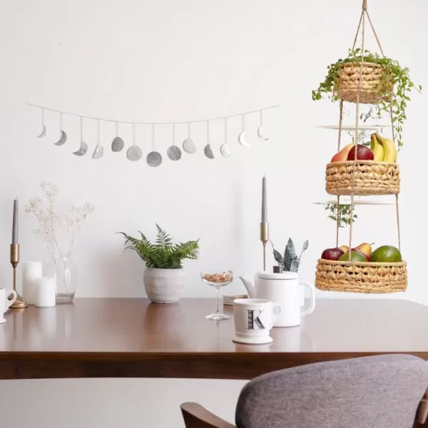 Moon Phase Wall Hanging Handmade Hammered Silver Metal 13 Moons 36quot Garland Boho Decor Hanging Fruit Basket Woven 3 Tier for Kitchen Bohemian Aesthetic Home Decorations for Bedroom Living Room