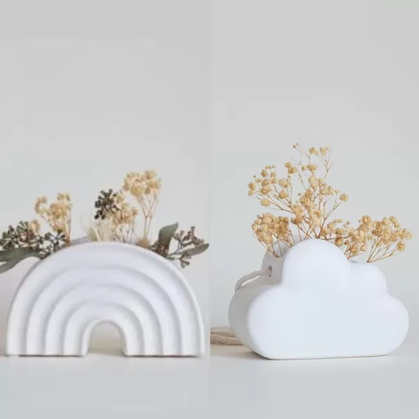 Rainbow Arched Planter Speckled White Textured Organic Modern Minimalist Aesthetic Ceramic Vase wDrainage Hole Cloud Indoor Hanging Plant Pot Adjustable Macrame Rope Cute White Ceiling Decor Vase