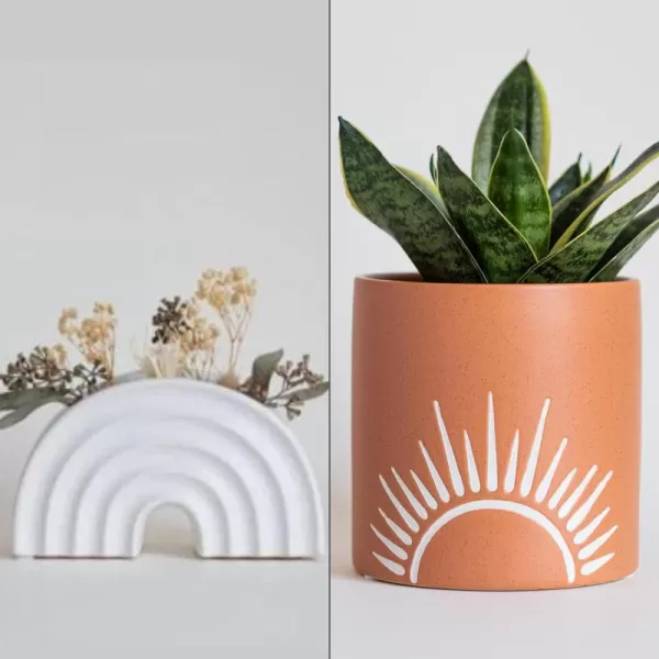 Rainbow Arched Planter Speckled White Textured Organic Modern Minimalist Aesthetic Ceramic Vase wDrainage Hole Sun Decor Cylinder Terracotta Planter Unique MidCentury Handmade Indoor Plant Pot