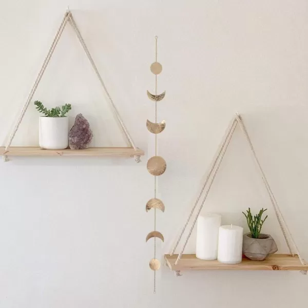 Save 10 on Hanging Shelves for Wall Set of 2 w Hooks Wooden Shelf Macrame Rope Natural Light Reclaimed Wood Moon Phase Wall Hanging Handmade Hammered Gold Metal 7 Moons 34quot Banner Boho Decor