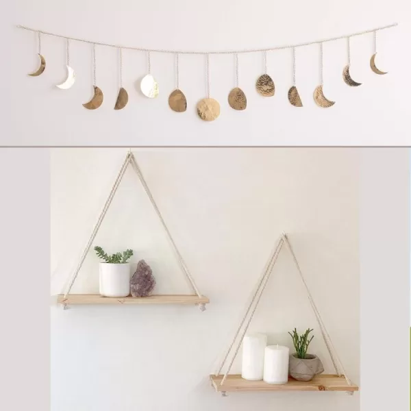 Save 10 on Moon Phase Wall Hanging Handmade Hammered Gold Metal 13 Moons 36quot Garland Boho Decor Hanging Shelves for Wall Set of 2 w Hooks Wooden Shelf Macrame Rope Natural Light Reclaimed Wood