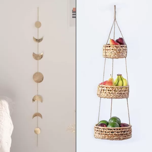 Save 10 on Moon Phase Wall Hanging Handmade Hammered Gold Metal 7 Moons 34quot Garland Boho Decor Hanging Fruit Basket Woven 3 Tier for Kitchen Bohemian Aesthetic Home Decorations for Bedroom