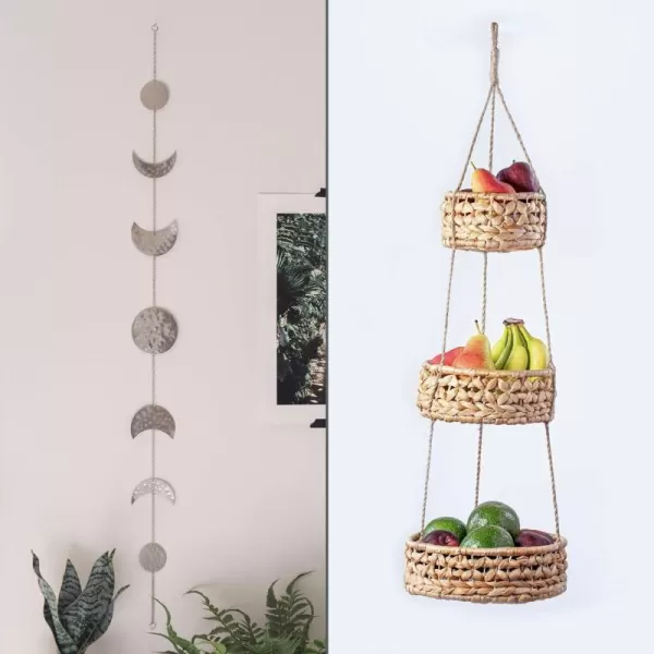 Save 10 on Moon Phase Wall Hanging Handmade Hammered Silver Metal 7 Moons 34quot Garland Boho Decor Hanging Fruit Basket Woven 3 Tier for Kitchen Bohemian Aesthetic Home Decorations for Bedroom