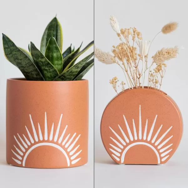 Sun Decor Cylinder Planter Speckled Ceramic Unique MidCentury Handmade Terracotta Design Indoor Plant Pot w Drainage Hole Sun Decor Circle Vase Modern Minimalist Vintage Small Flower Centerpieces