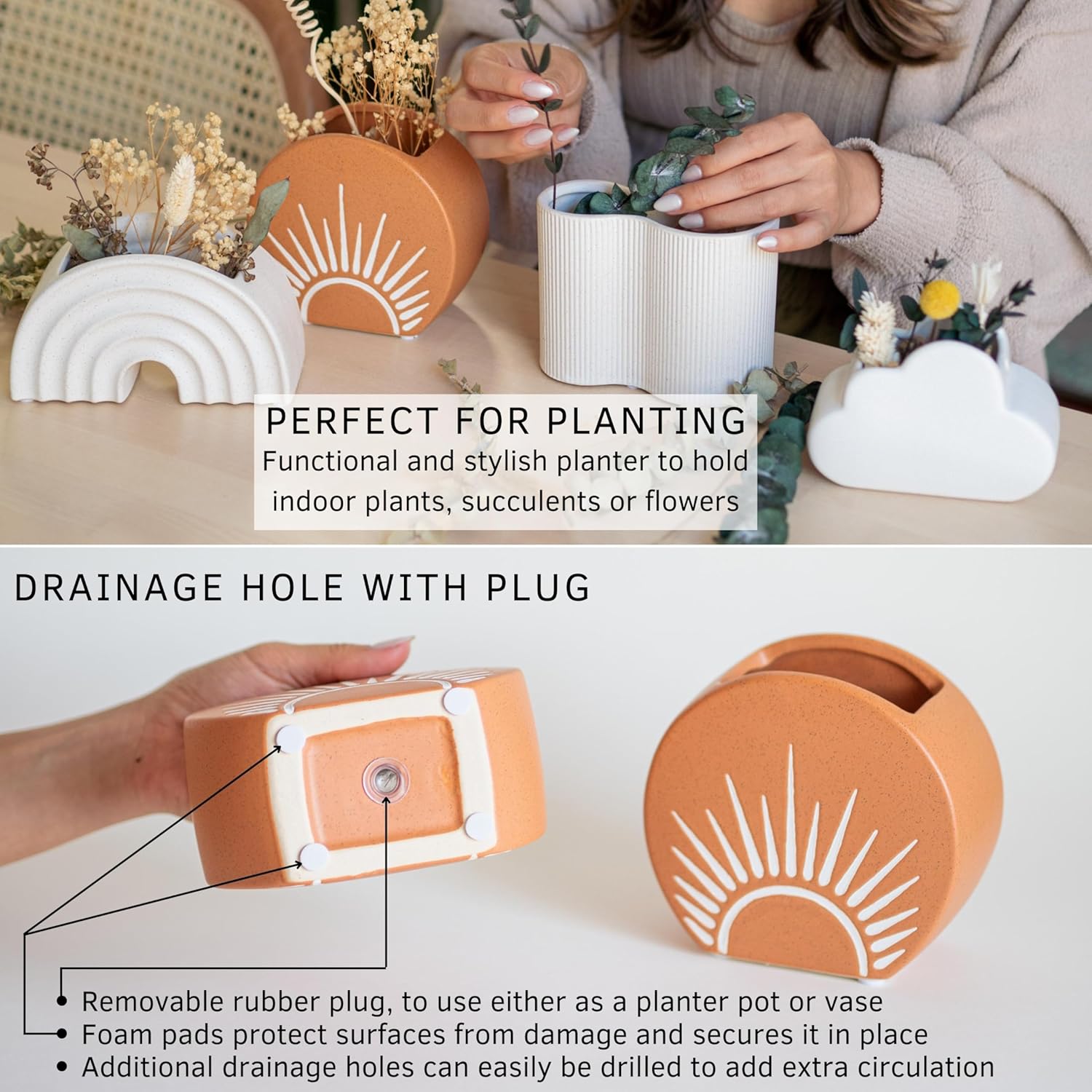 Sun Decor Vase Handmade Design Terracotta Speckled Ceramic Planter w Drainage Hole Minimalist Modern Cute Vintage Aesthetic Small Flower Vases Centerpieces Unique Indoor Plant Pot Boho Chic RusticSun Vase Speckled Terracotta