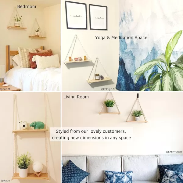 Hanging Shelves for Wall Set of 2 w Hooks Floating Shelves Macrame Rope Triangle Shelf Natural Light Reclaimed Wood Farmhouse Rustic Modern Plant Aesthetic Boho Dorm Living Room Bedroom Decor