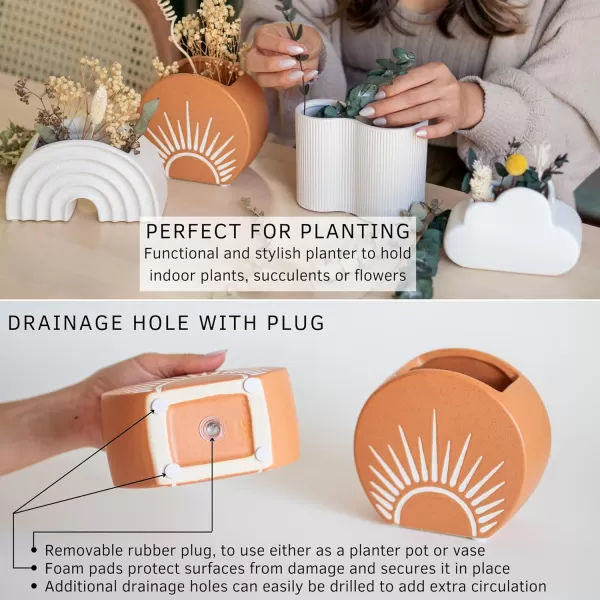 Sun Decor Vase Handmade Design Terracotta Speckled Ceramic Planter w Drainage Hole Minimalist Modern Cute Vintage Aesthetic Small Flower Vases Centerpieces Unique Indoor Plant Pot Boho Chic RusticSun Vase Speckled Terracotta