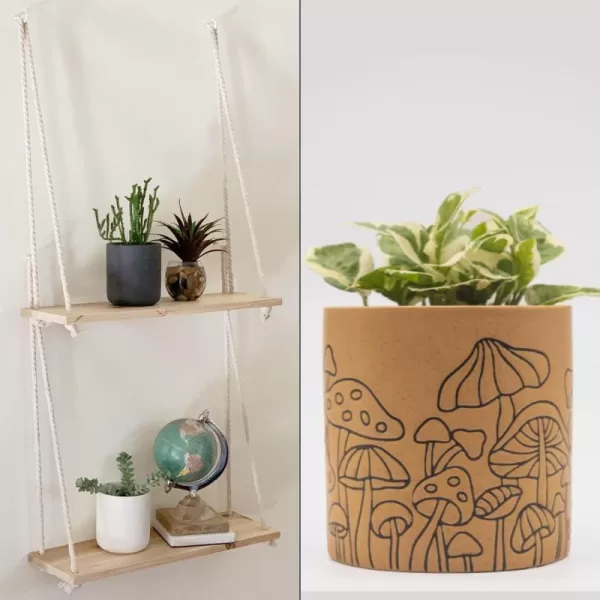 Hanging Shelves for Wall Set of 2 w Hooks Wooden Shelf Macrame Rope Natural Light Reclaimed Wood Mushroom Decor Planter Handmade Design Terracotta Ceramic Unique Retro Plant Pot Modern Boho Cotta