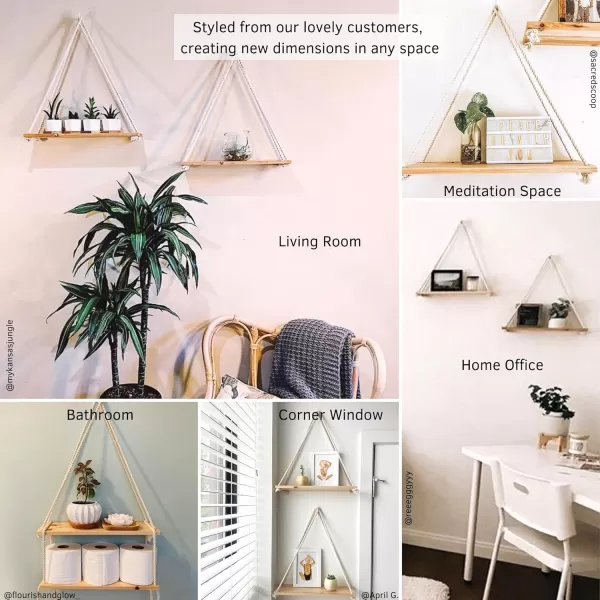 BASE ROOTS Hanging Shelves for Wall Set of 2 wHooks Wooden Shelf Macrame Rope Natural Light Reclaimed Wood Moon Phase Wall Hanging Handmade Hammered Silver Metal 7 Moons 34quot Banner Boho Decor