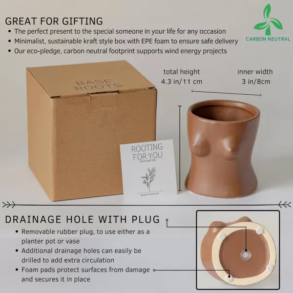 Body Vase Female Form Boob Planter Flower Vase wDrainage Plug Speckled Matte Nude Ceramic Feminine Women Sculpture Breast Cute Chic Plant Pot Boho Home Decor Desk Small Accent Unique Boob GiftsWalnut Brown Top