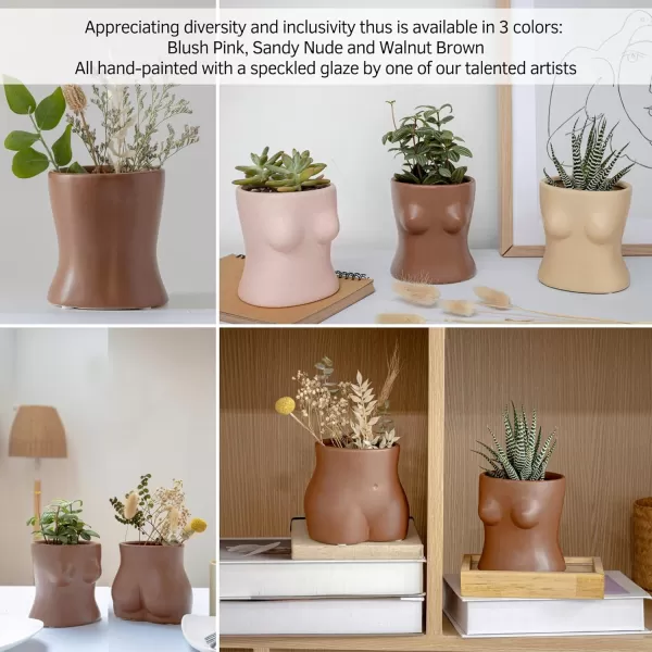 Body Vase Female Form Boob Planter Flower Vase wDrainage Plug Speckled Matte Nude Ceramic Feminine Women Sculpture Breast Cute Chic Plant Pot Boho Home Decor Desk Small Accent Unique Boob GiftsWalnut Brown Top