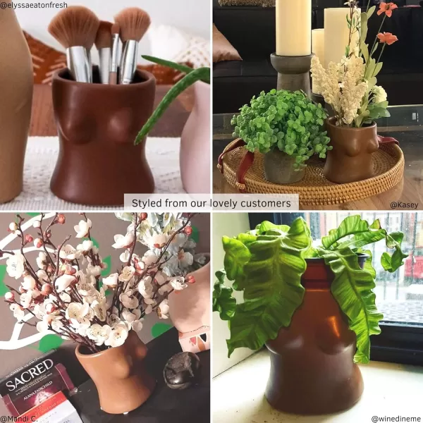 Body Vase Female Form Boob Planter Flower Vase wDrainage Plug Speckled Matte Nude Ceramic Feminine Women Sculpture Breast Cute Chic Plant Pot Boho Home Decor Desk Small Accent Unique Boob GiftsWalnut Brown Top