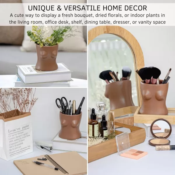 Body Vase Female Form Boob Planter Flower Vase wDrainage Plug Speckled Matte Nude Ceramic Feminine Women Sculpture Breast Cute Chic Plant Pot Boho Home Decor Desk Small Accent Unique Boob GiftsWalnut Brown Top