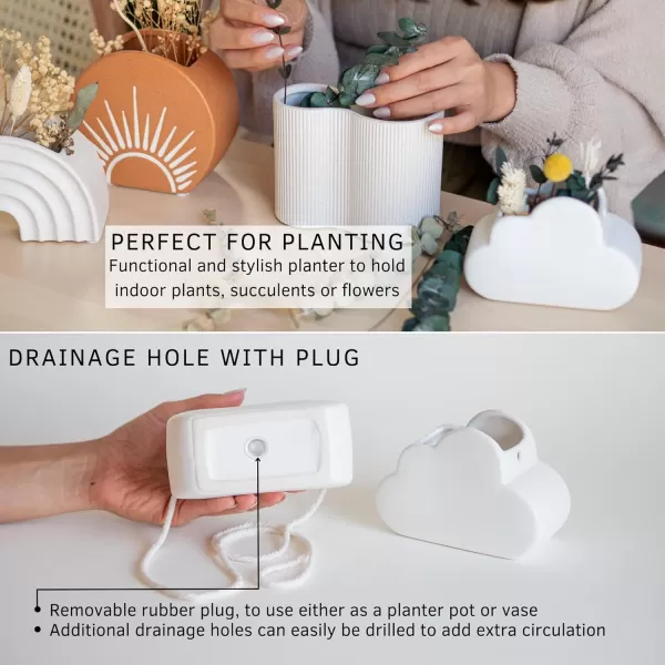 Cloud Decor Planter Indoor Hanging Plant Pot White Ceramic Hanging Pot Adjustable Macrame Rope w Drainage Hole Unique Dreamy Flower Pots Organic Modern Cute Aesthetic Small Ceiling PlanterCloud Matte White