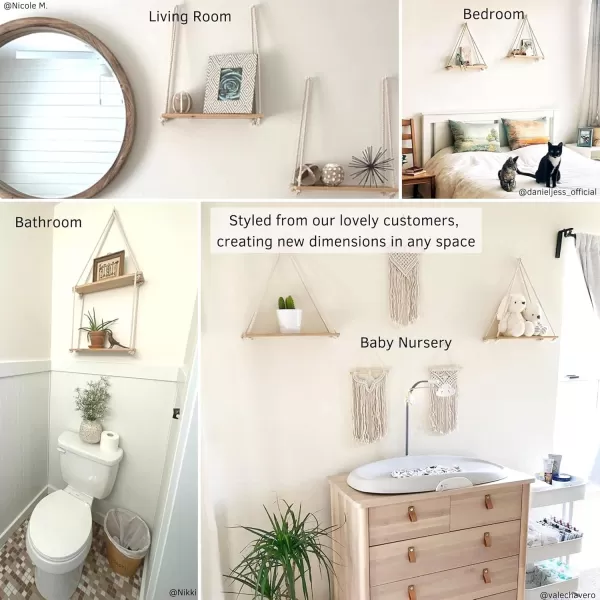 Hanging Shelves for Wall Set of 2 w Hooks Wooden Shelf Macrame Rope Natural Reclaimed Wood Mushroom Decor Vase Textured Sand Handmade Ceramic Plant Pot Indoor Plants Modern Boho Cottagecore