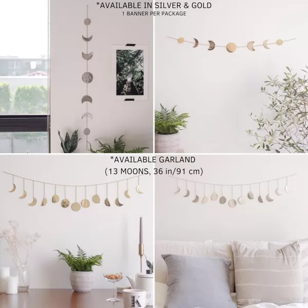 Moon Phase Wall Hanging Handmade Gold Metal Moons Decor 13 Moons 36quot Garland Phases of The Moon Celestial Wall Art Bohemian Gold Room Decor Aesthetic Zen Boho Girl Bedroom Headboard DormSilver Banner