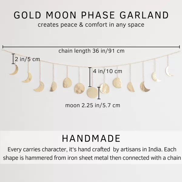 Moon Phase Wall Hanging Handmade Hammered Gold Metal 13 Moons 36quot Garland Phases of the Moon Mushroom Decor Vase Textured Sand Handmade Design Ceramic Plant Pot Indoor Plant Modern Boho Cottagecore