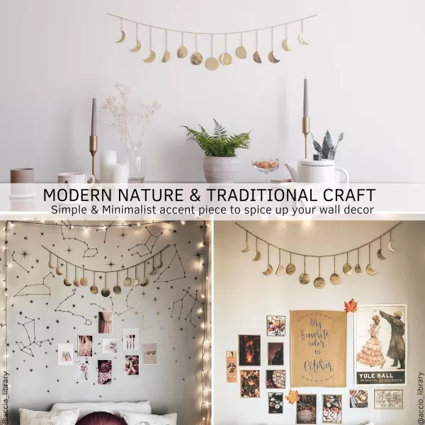 Moon Phase Wall Hanging Handmade Hammered Gold Metal 13 Moons 36quot Garland Phases of the Moon Mushroom Decor Vase Textured Sand Handmade Design Ceramic Plant Pot Indoor Plant Modern Boho Cottagecore