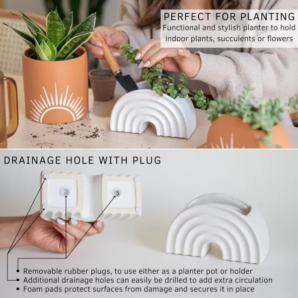 Rainbow Arched Planter White Vase Speckled Ceramic wDrainage Hole Textured Ribbed Arch Organic Modern Aesthetic Small Flower Vases for Centerpieces Unique Indoor Plant Pot Boho Living Room DcorRainbow Speckled White